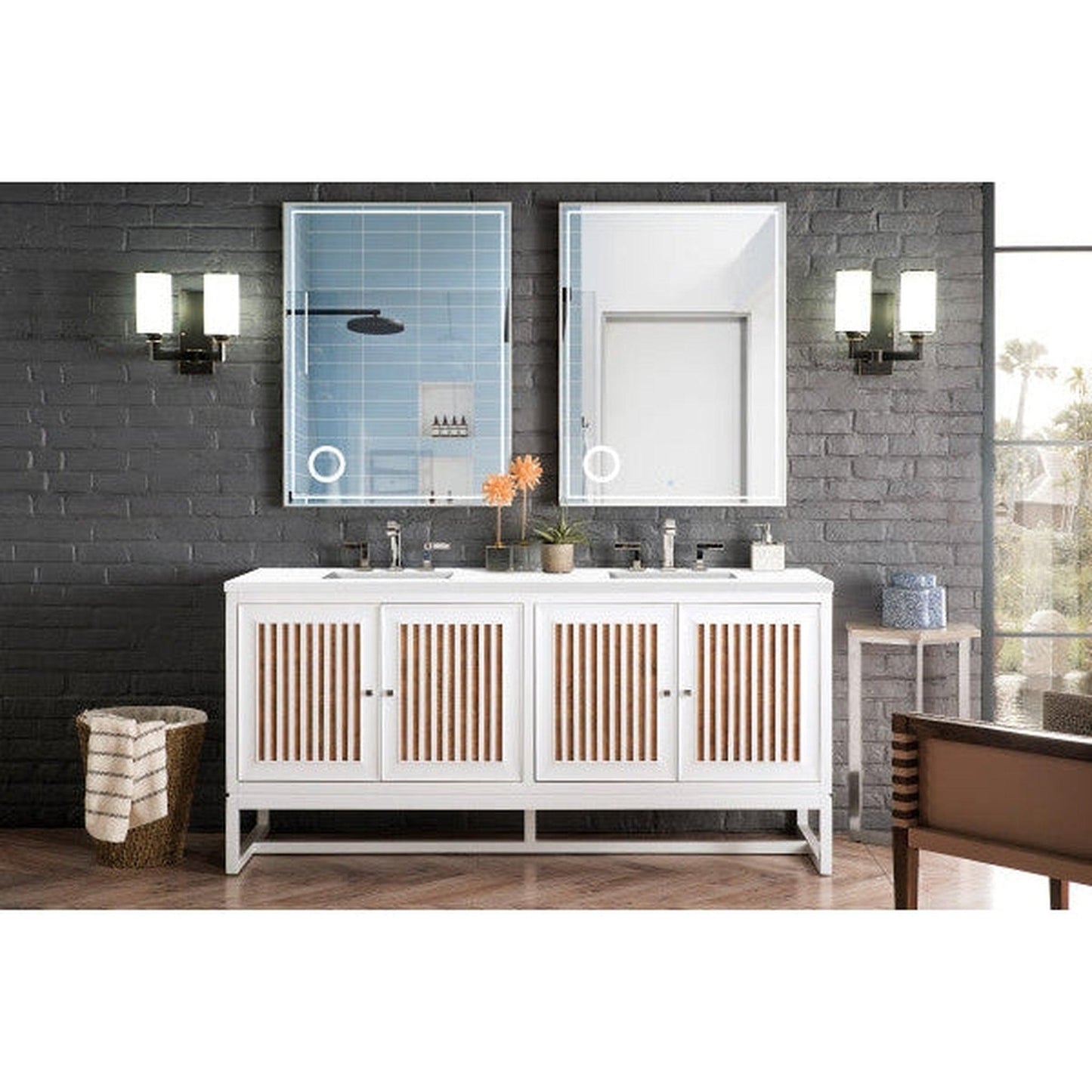 James Martin Athens 72" Double Glossy White Bathroom Vanity With 1" Classic White Quartz Top and Rectangular Ceramic Sink