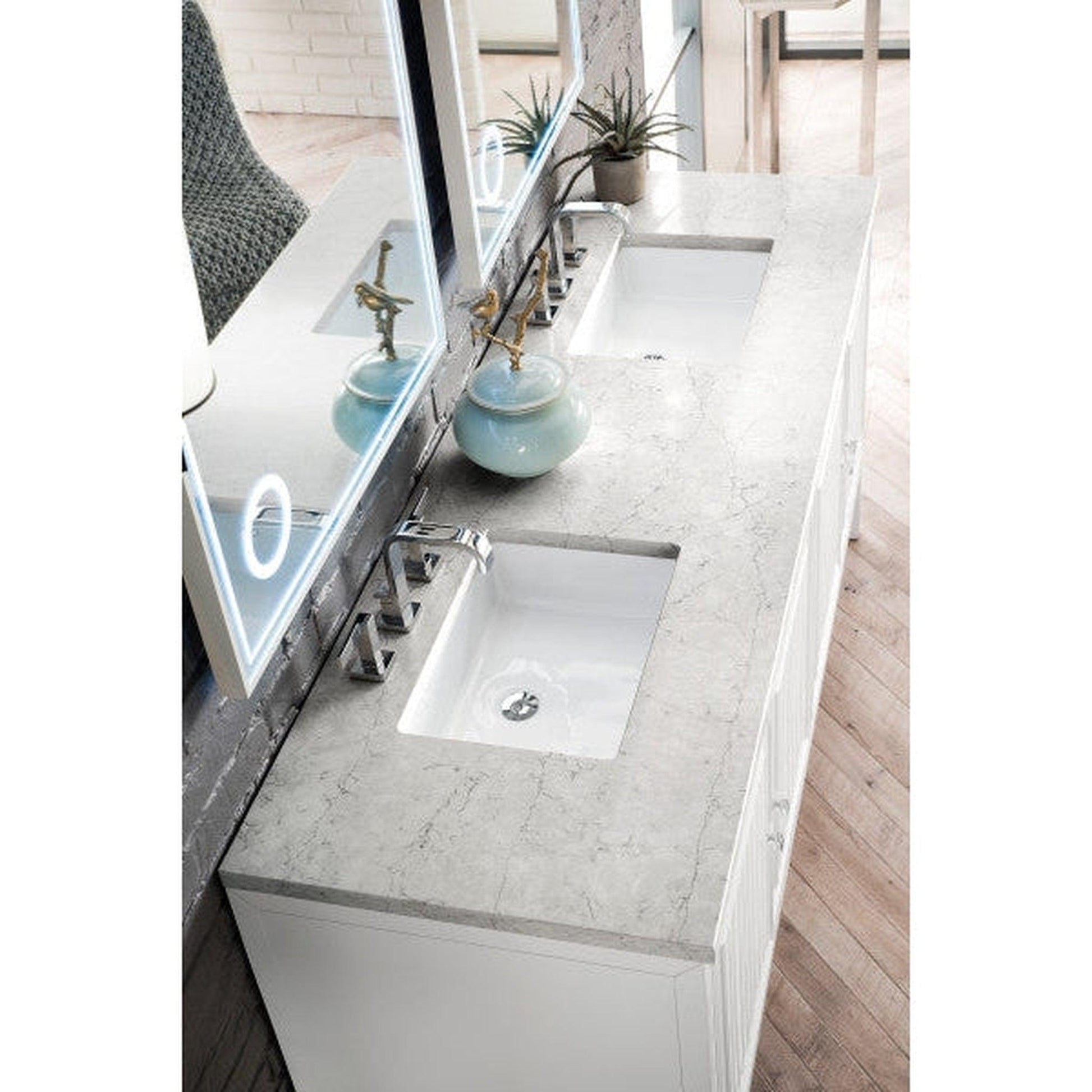 James Martin Athens 72" Double Glossy White Bathroom Vanity With 1" Eternal Jasmine Pearl Quartz Top and Rectangular Ceramic Sink