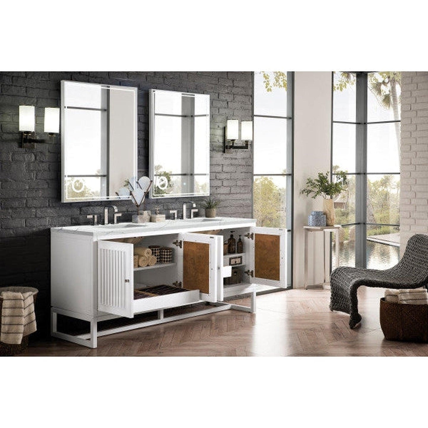James Martin Athens 72" Double Glossy White Bathroom Vanity With 1" Ethereal Noctis Quartz Top and Rectangular Ceramic Sink