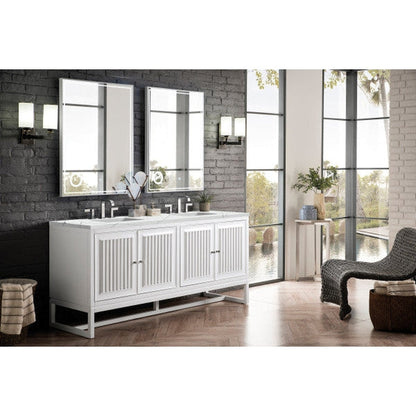 James Martin Athens 72" Double Glossy White Bathroom Vanity With 1" Ethereal Noctis Quartz Top and Rectangular Ceramic Sink