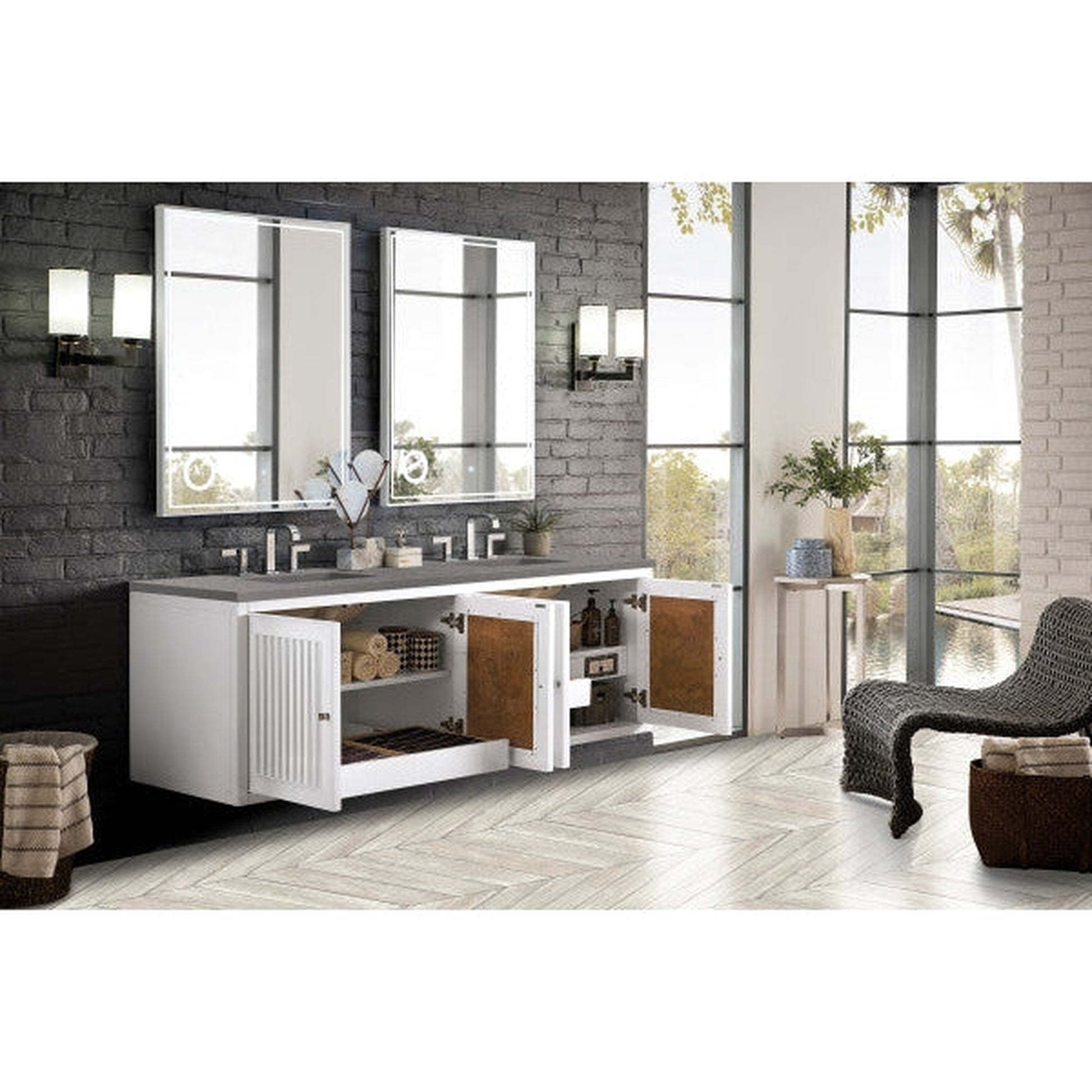 James Martin Athens 72" Double Glossy White Bathroom Vanity With 1" Gray Expo Quartz Top and Rectangular Ceramic Sink