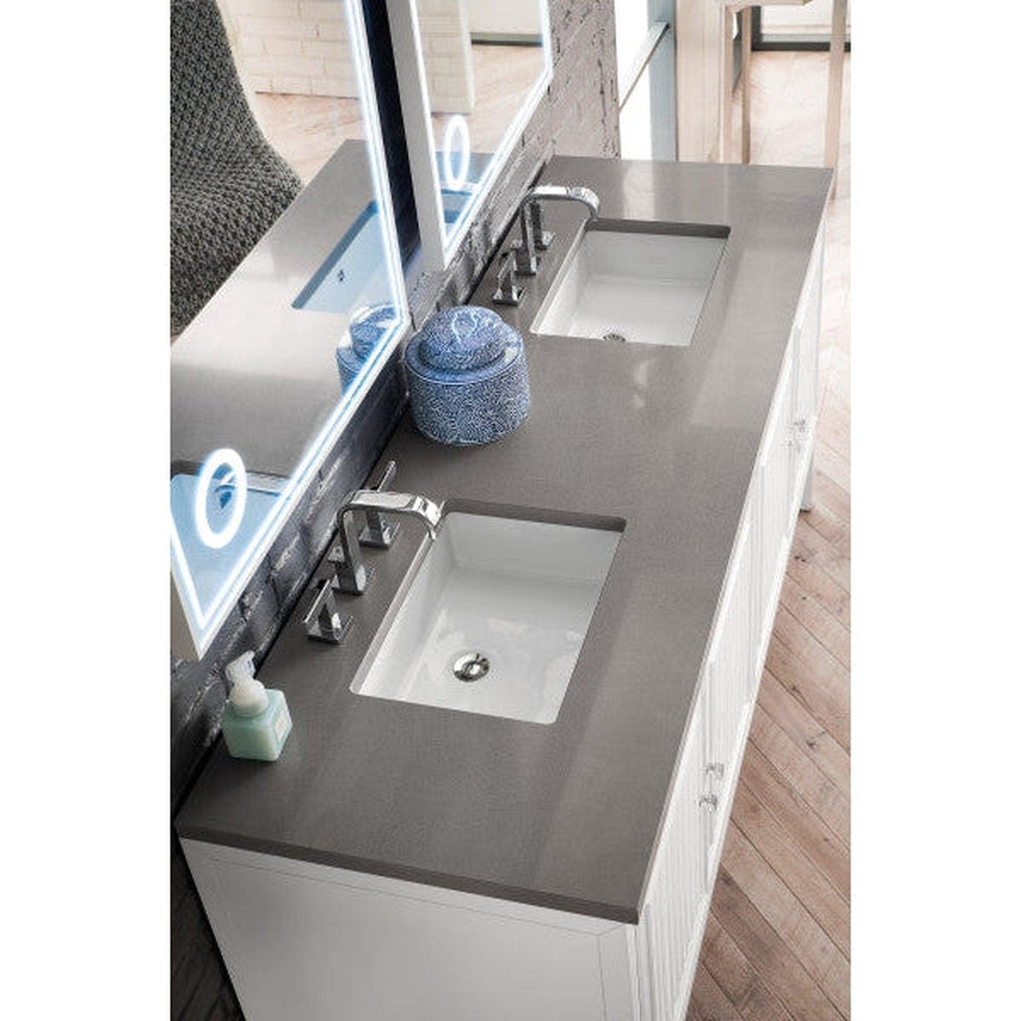 James Martin Athens 72" Double Glossy White Bathroom Vanity With 1" Gray Expo Quartz Top and Rectangular Ceramic Sink