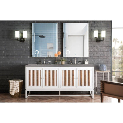 James Martin Athens 72" Double Glossy White Bathroom Vanity With 1" Gray Expo Quartz Top and Rectangular Ceramic Sink