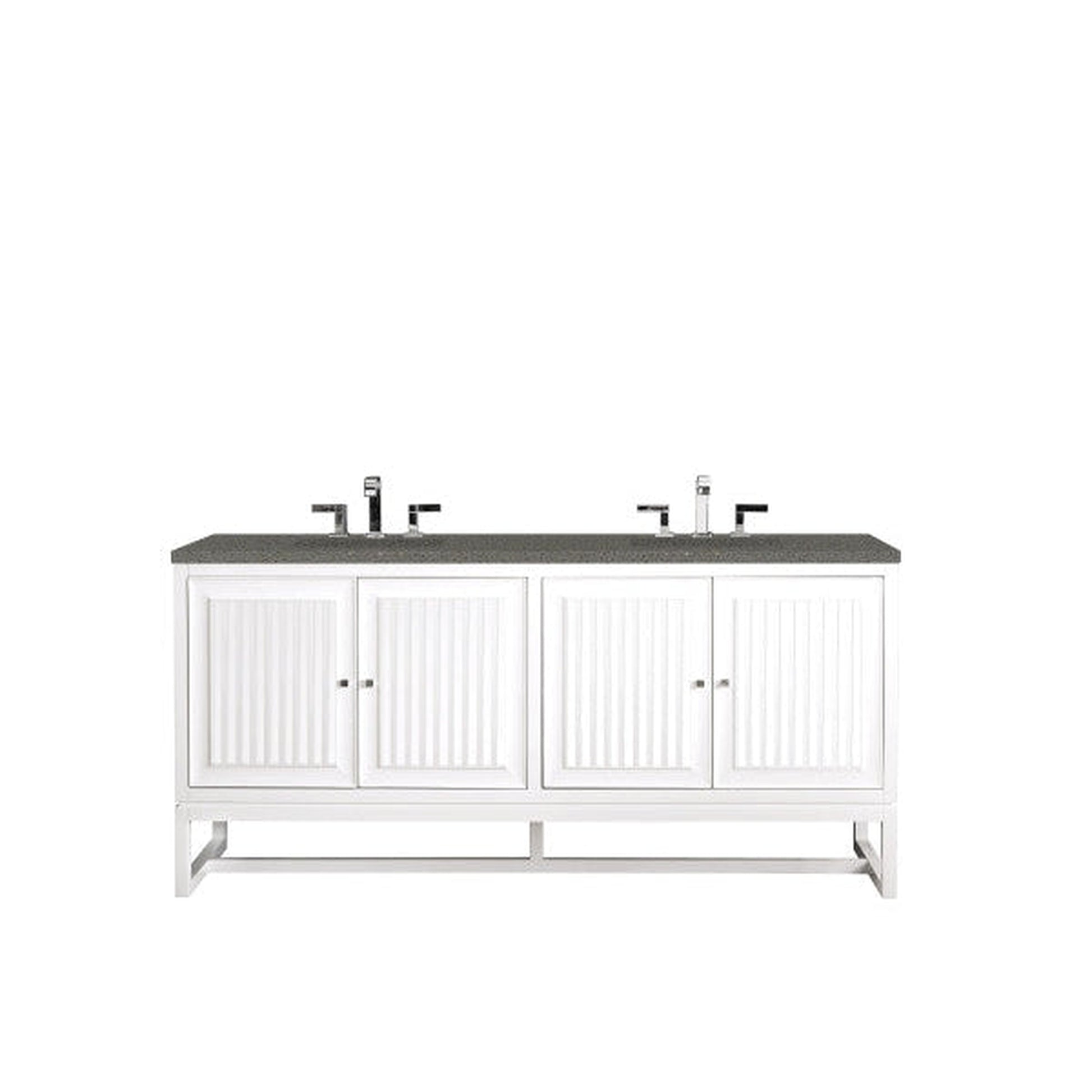 James Martin Athens 72" Double Glossy White Bathroom Vanity With 1" Gray Expo Quartz Top and Rectangular Ceramic Sink