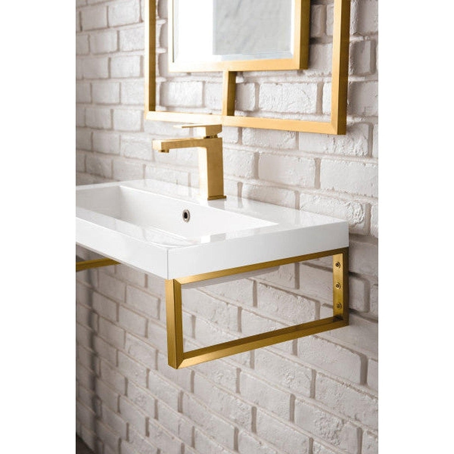 James Martin Boston 15" Two Radiant Gold Stainless Steel Wall Bracket With 32" White Glossy Composite Countertop