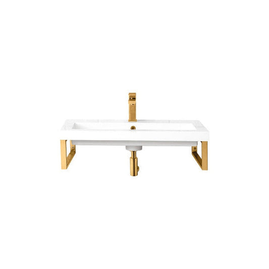 James Martin Boston 15" Two Radiant Gold Stainless Steel Wall Bracket With 32" White Glossy Composite Countertop