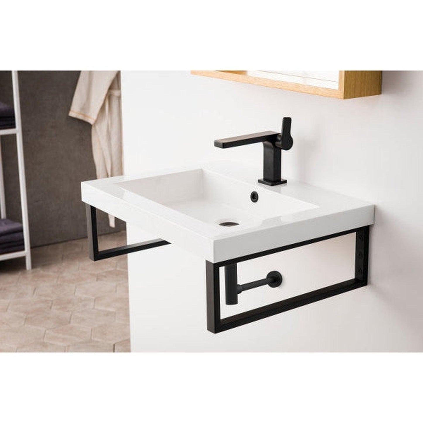 James Martin Boston 18" Two Matte Black Stainless Steel Wall Bracket With 24" White Glossy Composite Countertop