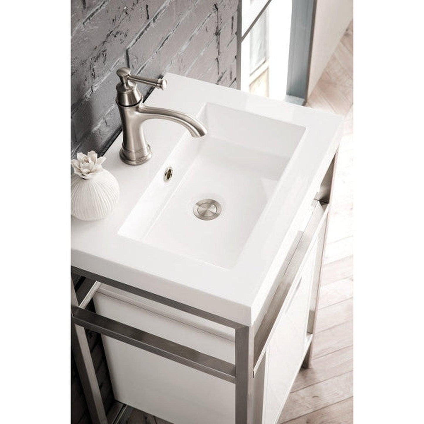 James Martin Boston 20" Single Brushed Nickel Stainless Steel Console Sink With Glossy White Storage Cabinet and White Glossy Composite Countertop