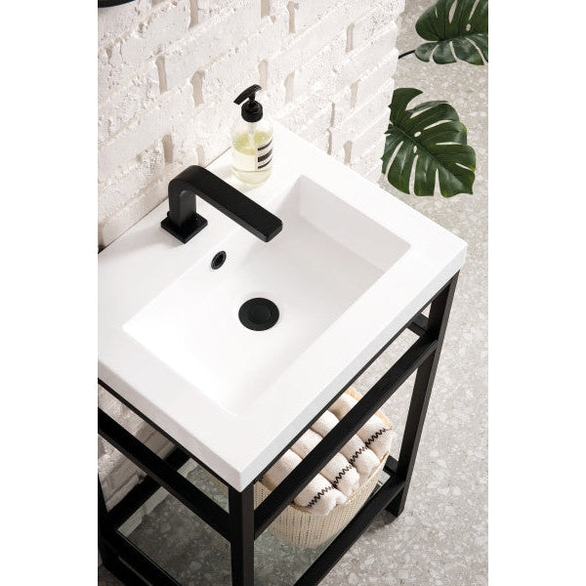 James Martin Boston 20" Single Matte Black Stainless Steel Console Sink With White Glossy Composite Countertop