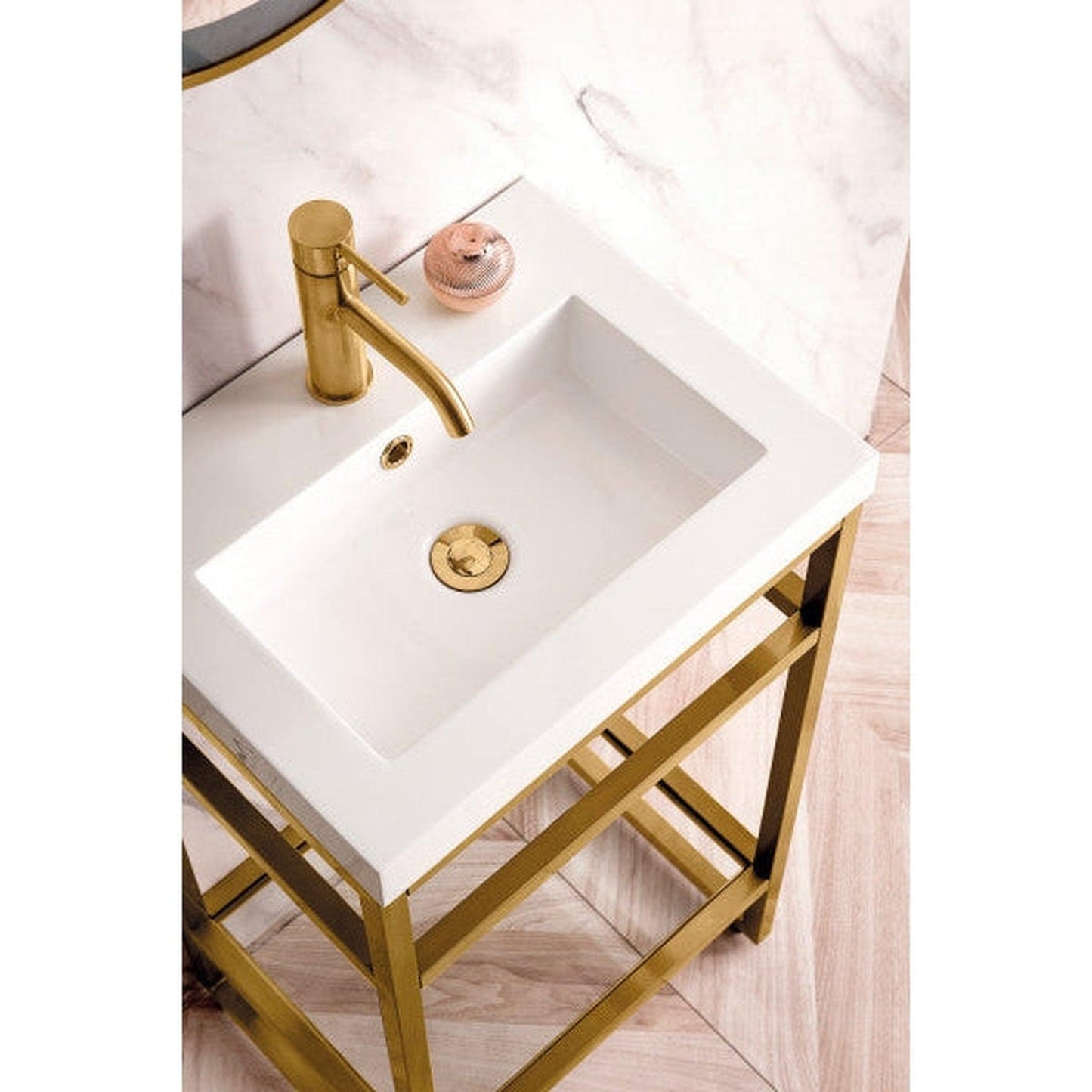James Martin Boston 20" Single Radiant Gold Stainless Steel Console Sink With Glossy White Storage Cabinet and White Glossy Composite Countertop