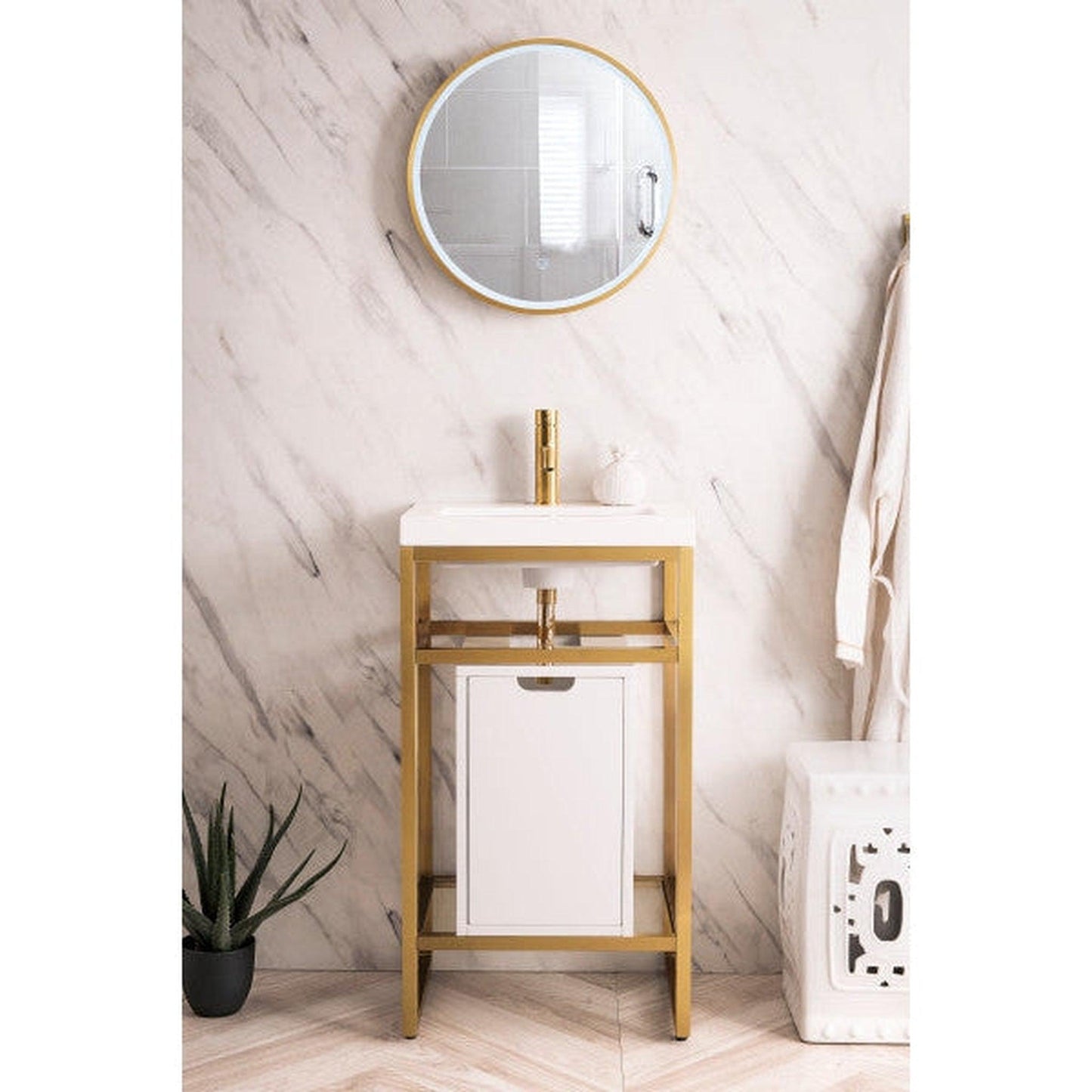 James Martin Boston 20" Single Radiant Gold Stainless Steel Console Sink With Glossy White Storage Cabinet and White Glossy Composite Countertop