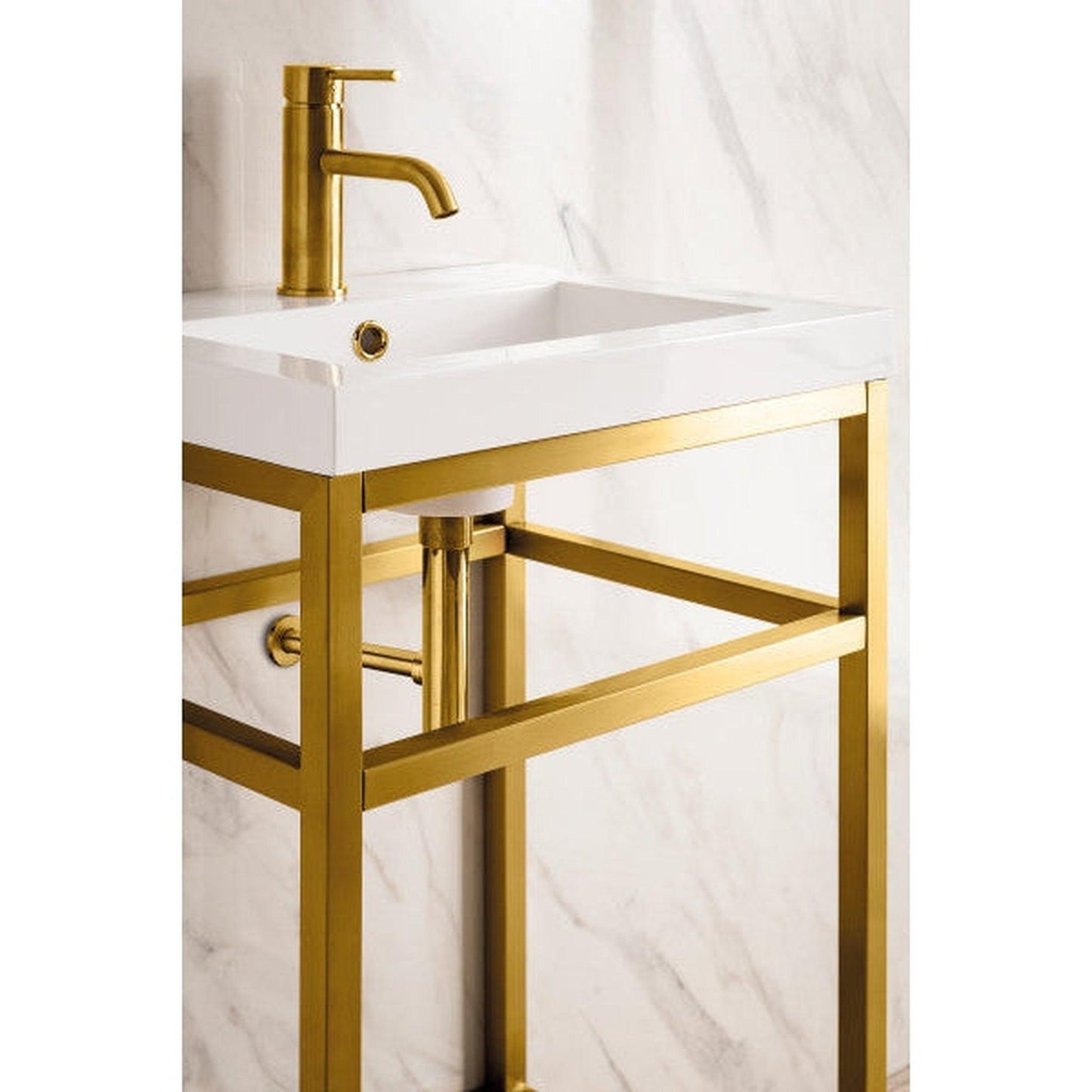 James Martin Boston 20" Single Radiant Gold Stainless Steel Console Sink With White Glossy Composite Countertop