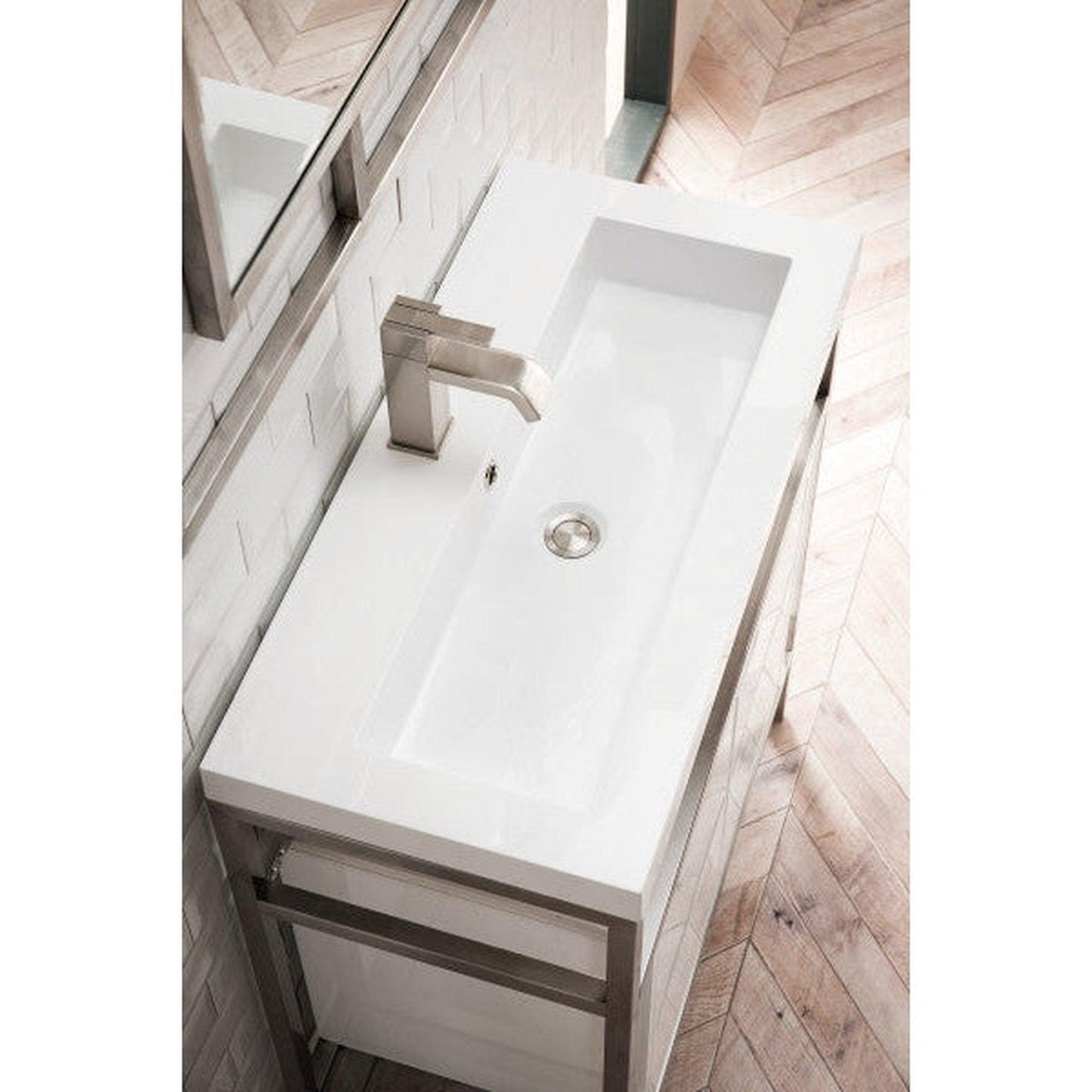 James Martin Boston 32" Single Brushed Nickel Stainless Steel Console Sink With Glossy White Storage Cabinet and White Glossy Composite Countertop