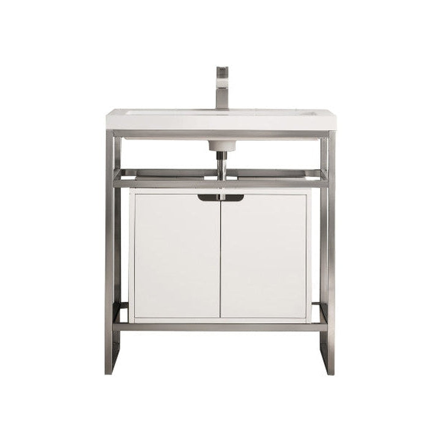 James Martin Boston 32" Single Brushed Nickel Stainless Steel Console Sink With Glossy White Storage Cabinet and White Glossy Composite Countertop