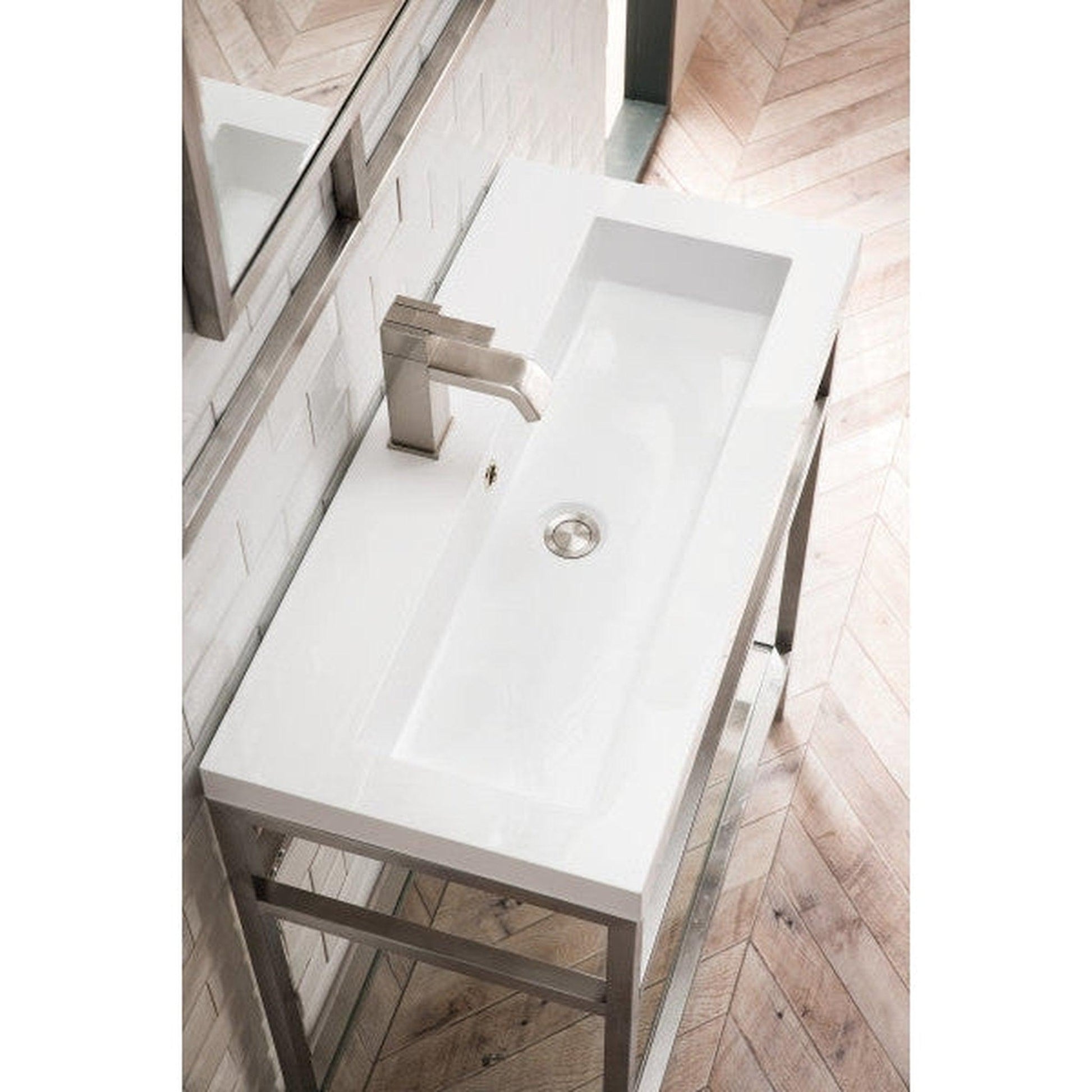 James Martin Boston 32" Single Brushed Nickel Stainless Steel Console Sink With White Glossy Composite Countertop
