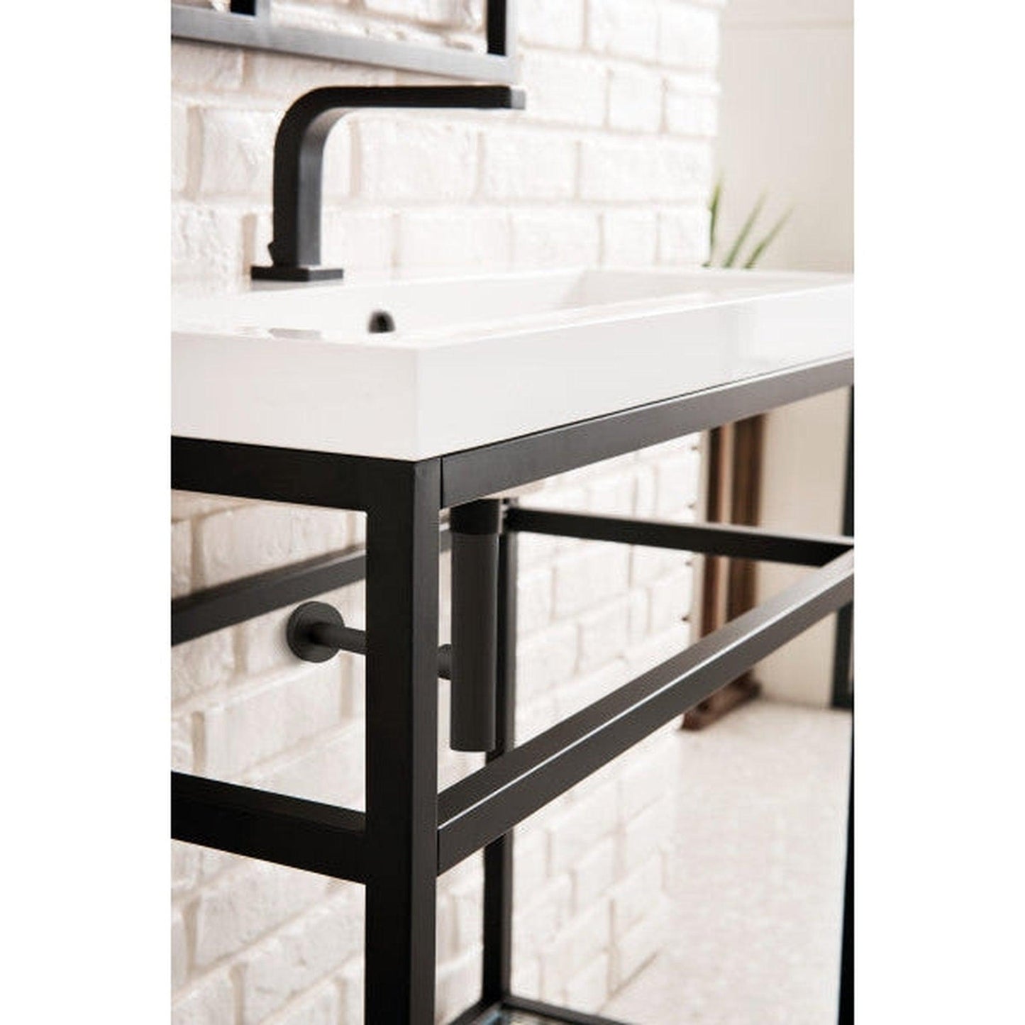 James Martin Boston 32" Single Matte Black Stainless Steel Console Sink With White Glossy Composite Countertop