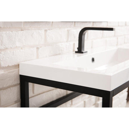 James Martin Boston 32" Single Matte Black Stainless Steel Console Sink With White Glossy Composite Countertop