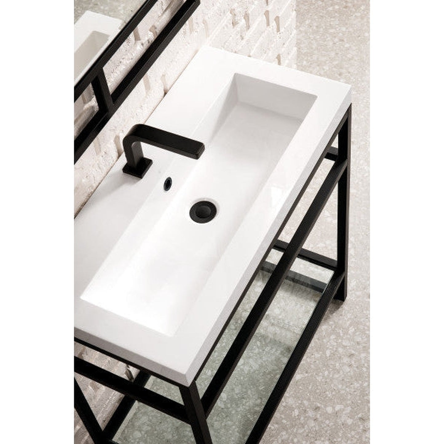 James Martin Boston 32" Single Matte Black Stainless Steel Console Sink With White Glossy Composite Countertop