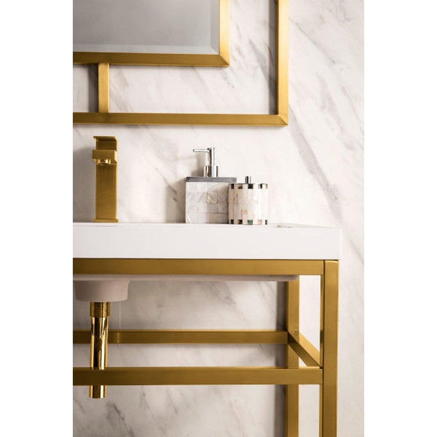 James Martin Boston 32" Single Radiant Gold Stainless Steel Console Sink With Glossy White Storage Cabinet and White Glossy Composite Countertop