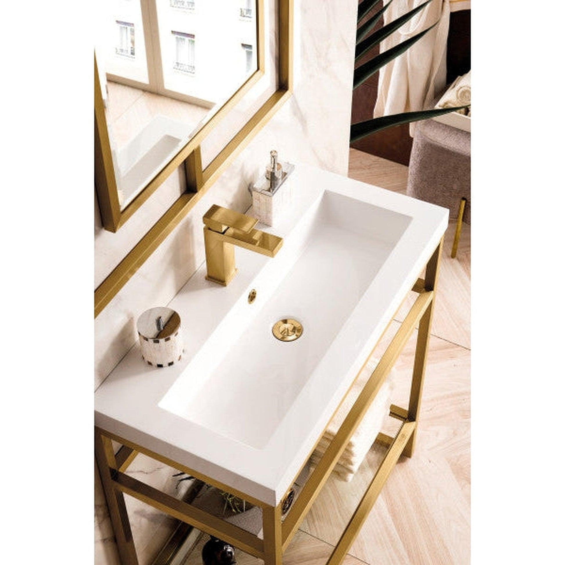 James Martin Boston 32" Single Radiant Gold Stainless Steel Console Sink With Glossy White Storage Cabinet and White Glossy Composite Countertop