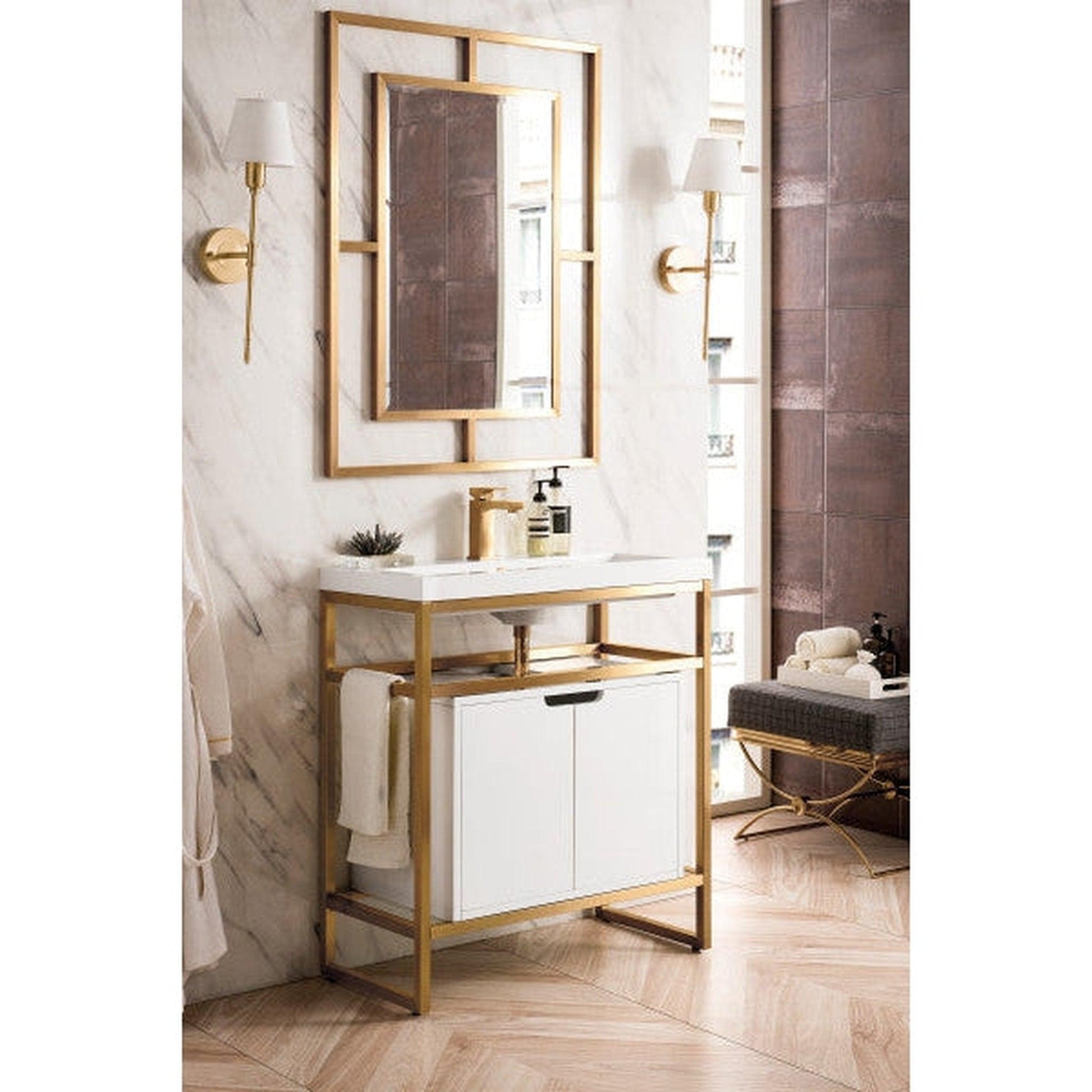 James Martin Boston 32" Single Radiant Gold Stainless Steel Console Sink With Glossy White Storage Cabinet and White Glossy Composite Countertop