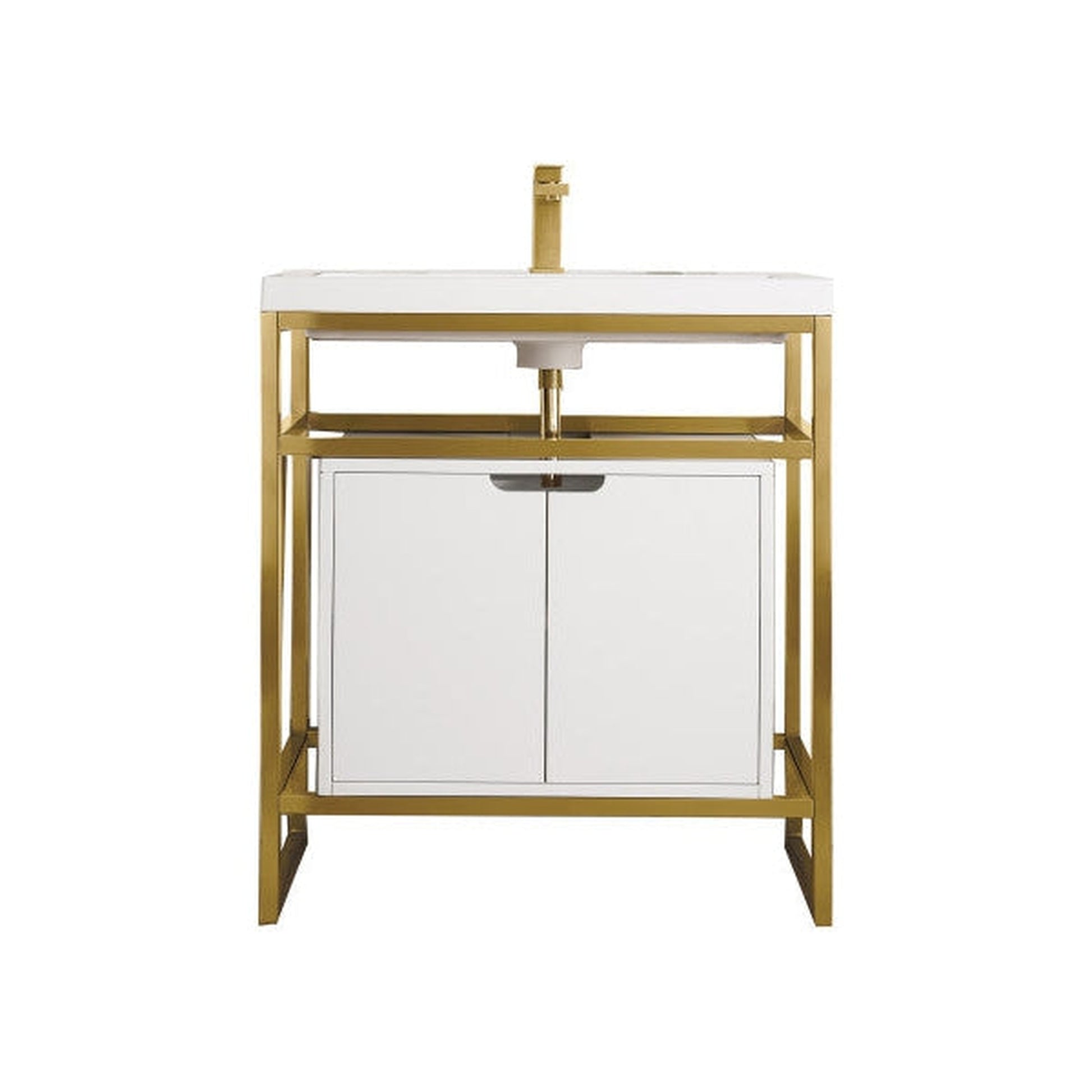 James Martin Boston 32" Single Radiant Gold Stainless Steel Console Sink With Glossy White Storage Cabinet and White Glossy Composite Countertop