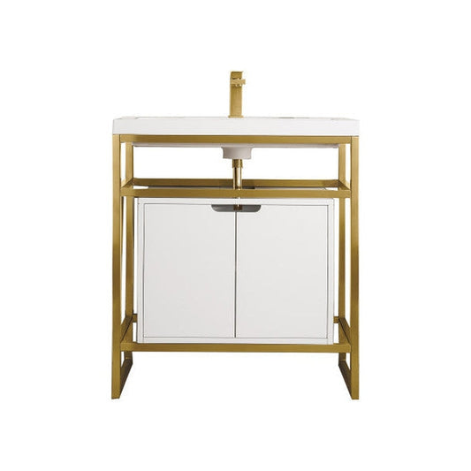 James Martin Boston 32" Single Radiant Gold Stainless Steel Console Sink With Glossy White Storage Cabinet and White Glossy Composite Countertop