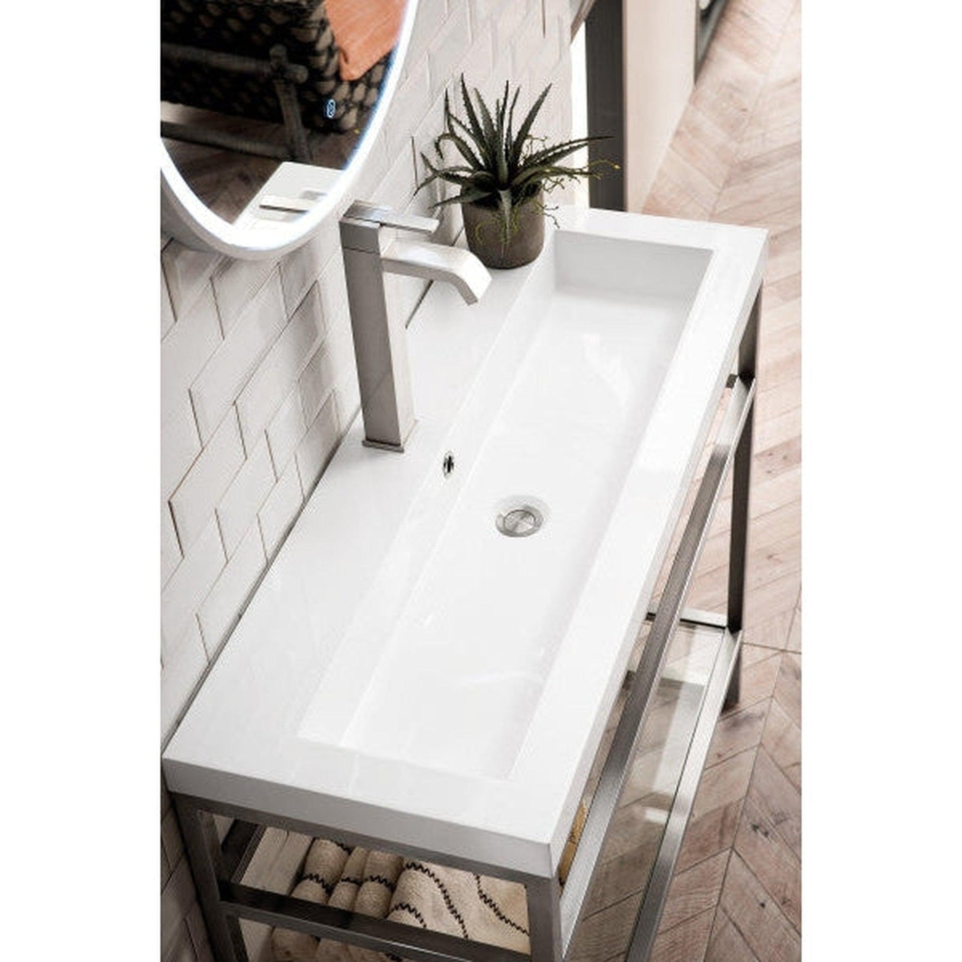 James Martin Boston 39" Single Brushed Nickel Stainless Steel Console Sink With White Glossy Composite Countertop