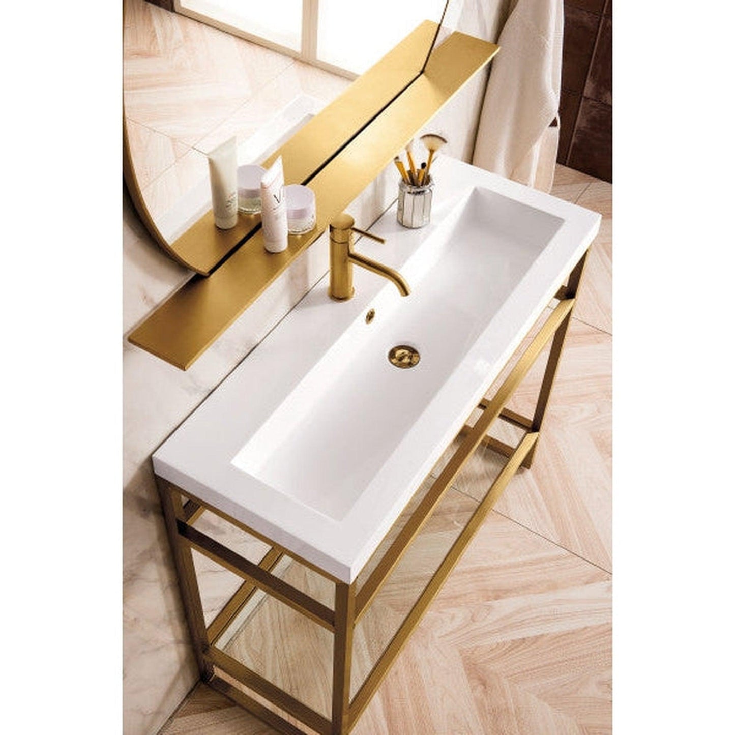 James Martin Boston 39" Single Radiant Gold Stainless Steel Console Sink With Glossy White Storage Cabinet and White Glossy Composite Countertop