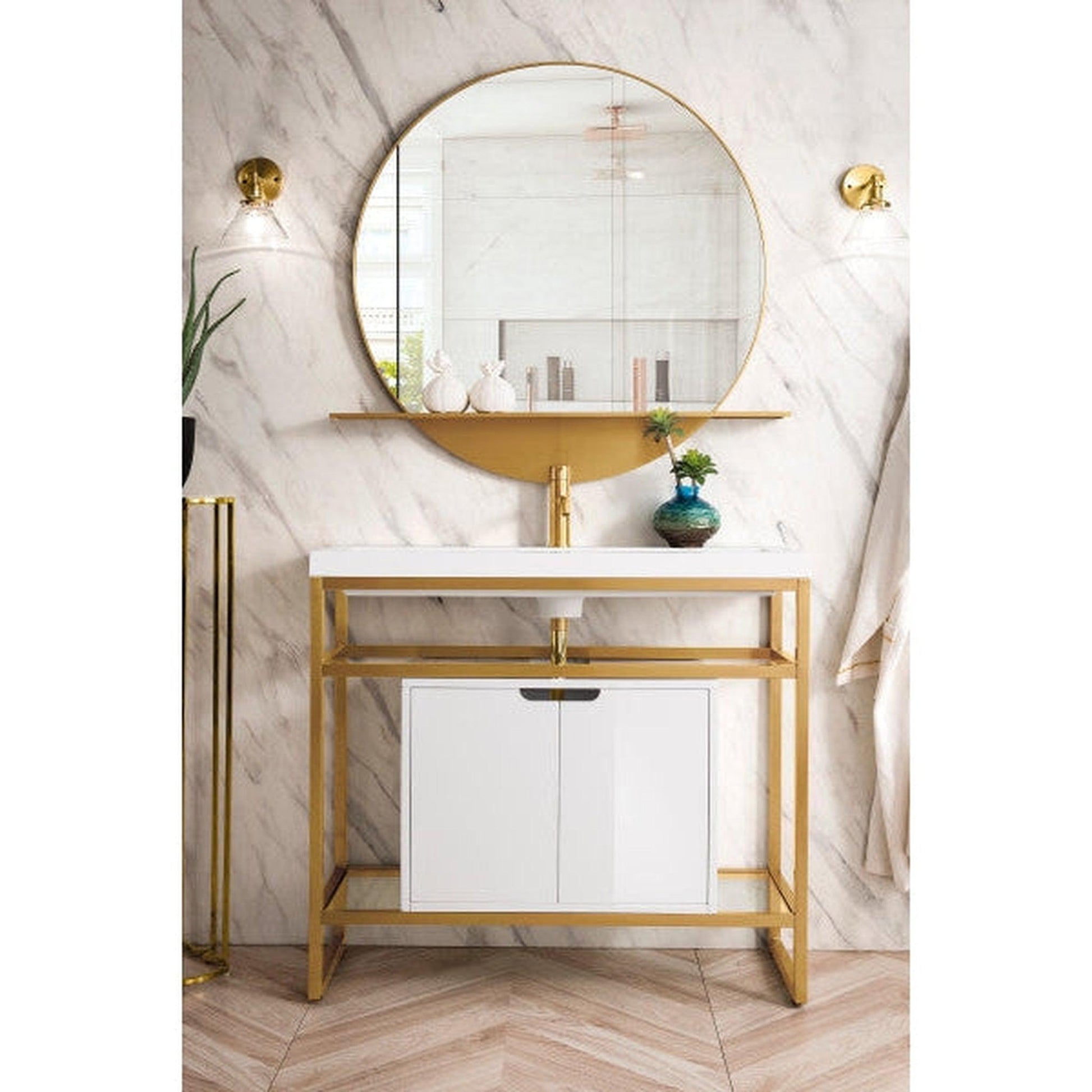 James Martin Boston 39" Single Radiant Gold Stainless Steel Console Sink With Glossy White Storage Cabinet and White Glossy Composite Countertop