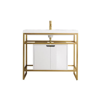 James Martin Boston 39" Single Radiant Gold Stainless Steel Console Sink With Glossy White Storage Cabinet and White Glossy Composite Countertop