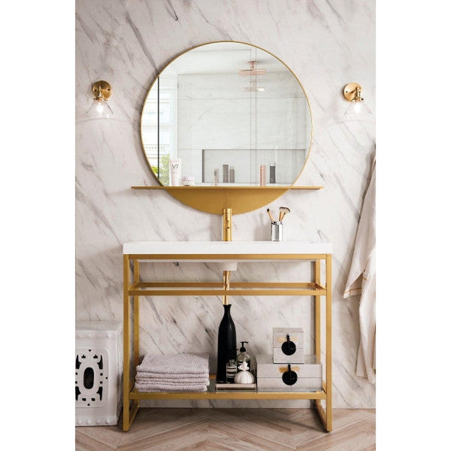 James Martin Boston 39" Single Radiant Gold Stainless Steel Console Sink With White Glossy Composite Countertop