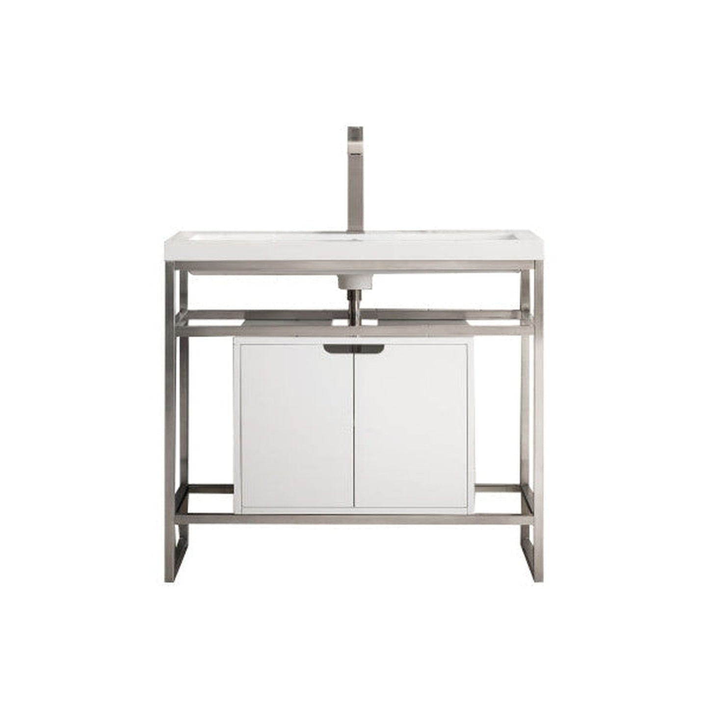 James Martin Boston 40" Single Brushed Nickel Stainless Steel Console Sink With Glossy White Storage Cabinet and White Glossy Composite Countertop