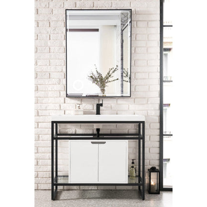 James Martin Boston 40" Single Matte Black Stainless Steel Console Sink With Glossy White Storage Cabinet and White Glossy Composite Countertop