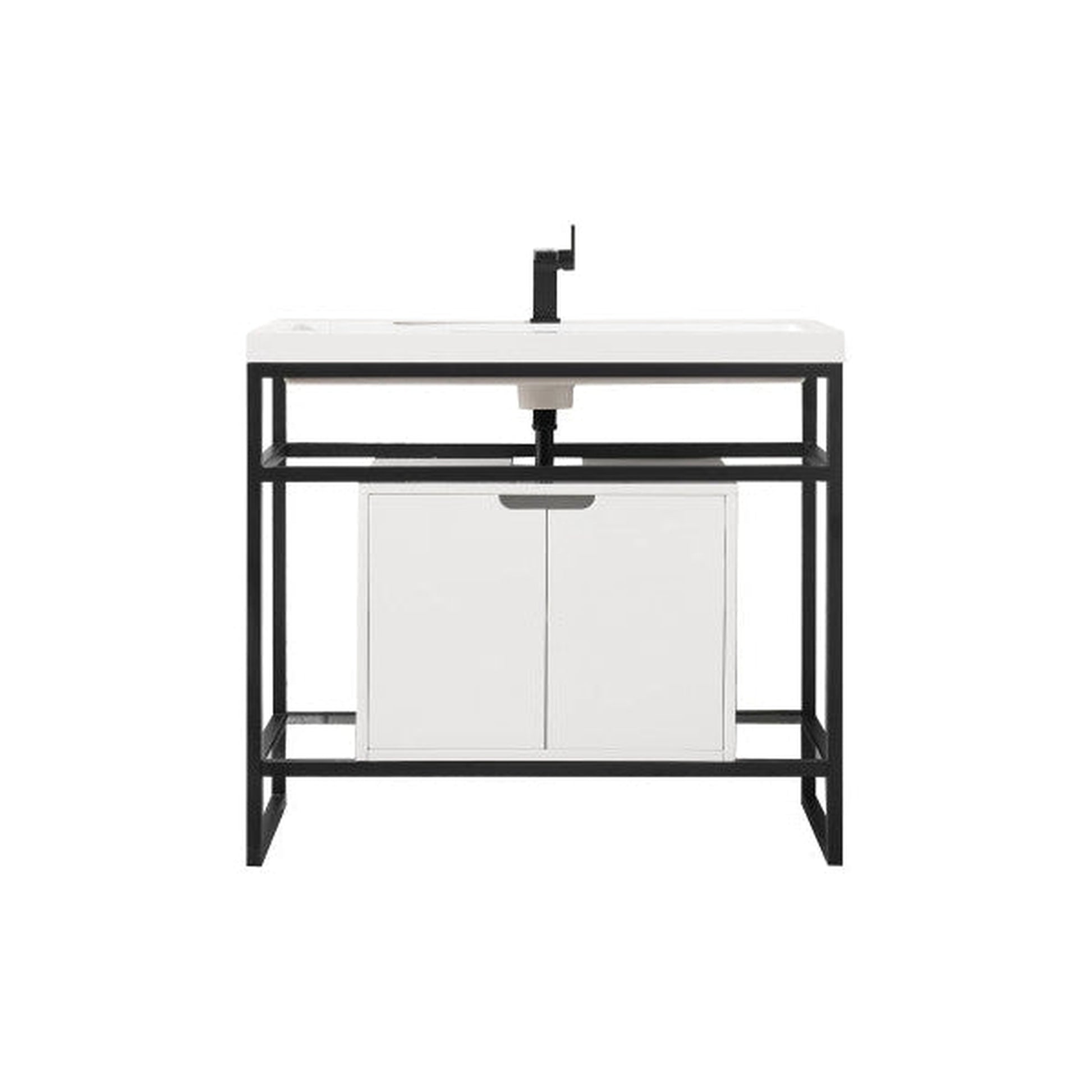 James Martin Boston 40" Single Matte Black Stainless Steel Console Sink With Glossy White Storage Cabinet and White Glossy Composite Countertop
