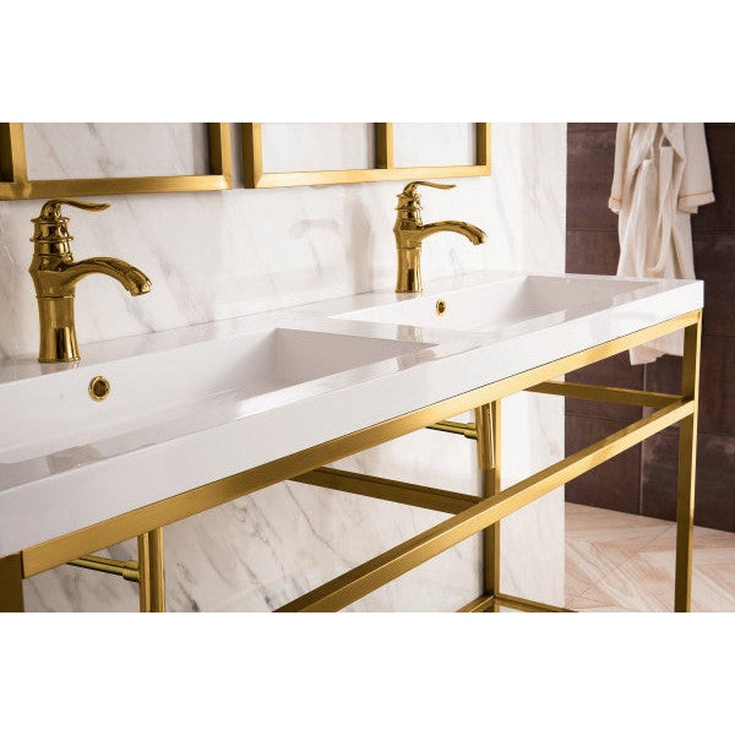 James Martin Boston 46" Double Radiant Gold Stainless Steel Console Sink With White Glossy Composite Countertop