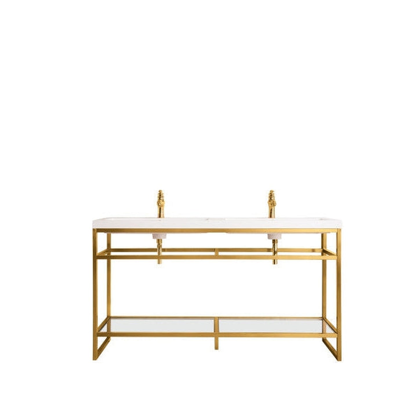 James Martin Boston 46" Double Radiant Gold Stainless Steel Console Sink With White Glossy Composite Countertop