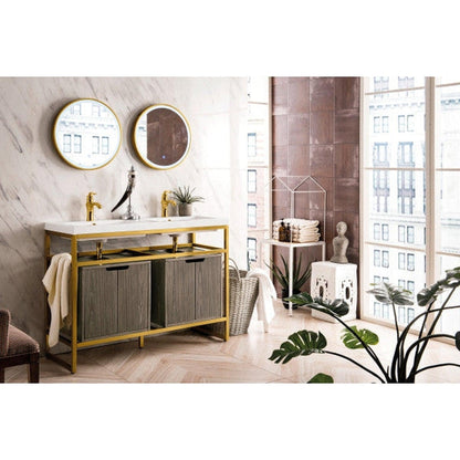 James Martin Boston 47" Double Radiant Gold Stainless Steel Console Sink With Ash Gray Storage Cabinet and White Glossy Composite Countertop