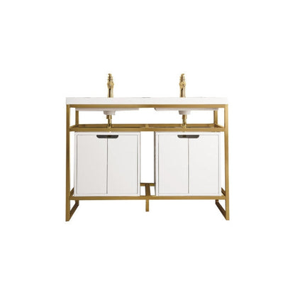 James Martin Boston 47" Double Radiant Gold Stainless Steel Console Sink With Glossy White Storage Cabinet and White Glossy Composite Countertop
