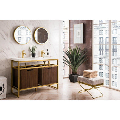 James Martin Boston 47" Double Radiant Gold Stainless Steel Console Sink With Mid Century Walnut Storage Cabinet and White Glossy Composite Countertop