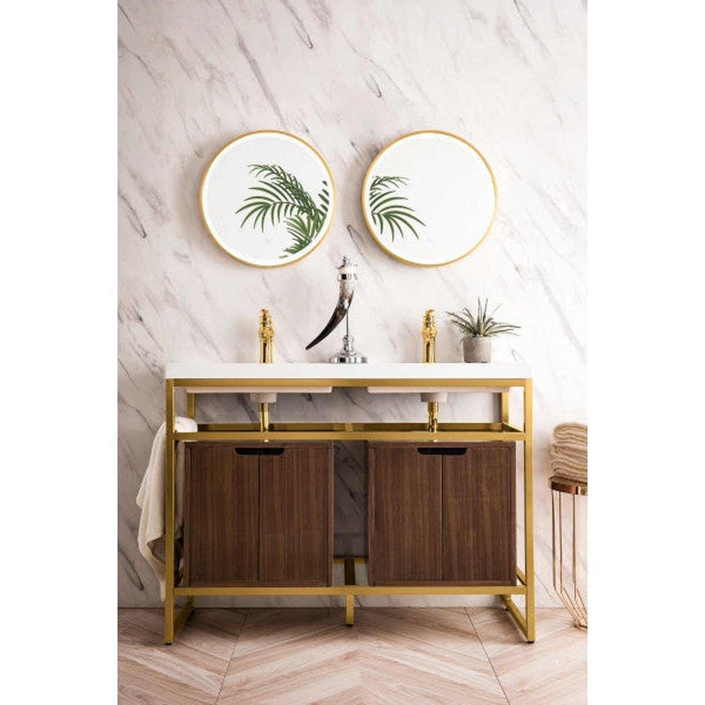 James Martin Boston 47" Double Radiant Gold Stainless Steel Console Sink With Mid Century Walnut Storage Cabinet and White Glossy Composite Countertop
