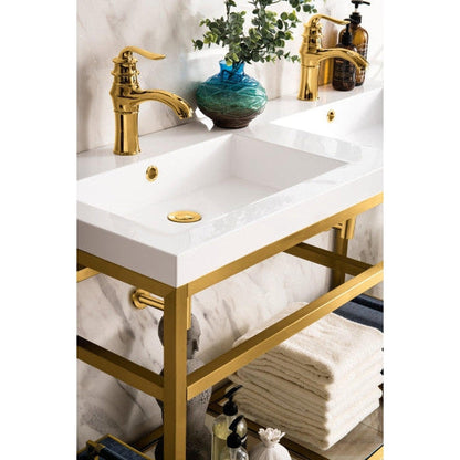 James Martin Boston 47" Double Radiant Gold Stainless Steel Console Sink With White Glossy Composite Countertop
