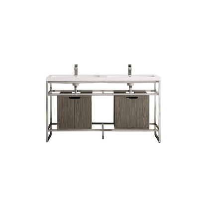 James Martin Boston 63" Double Brushed Nickel Stainless Steel Console Sink With Ash Gray Storage Cabinet and White Glossy Composite Countertop