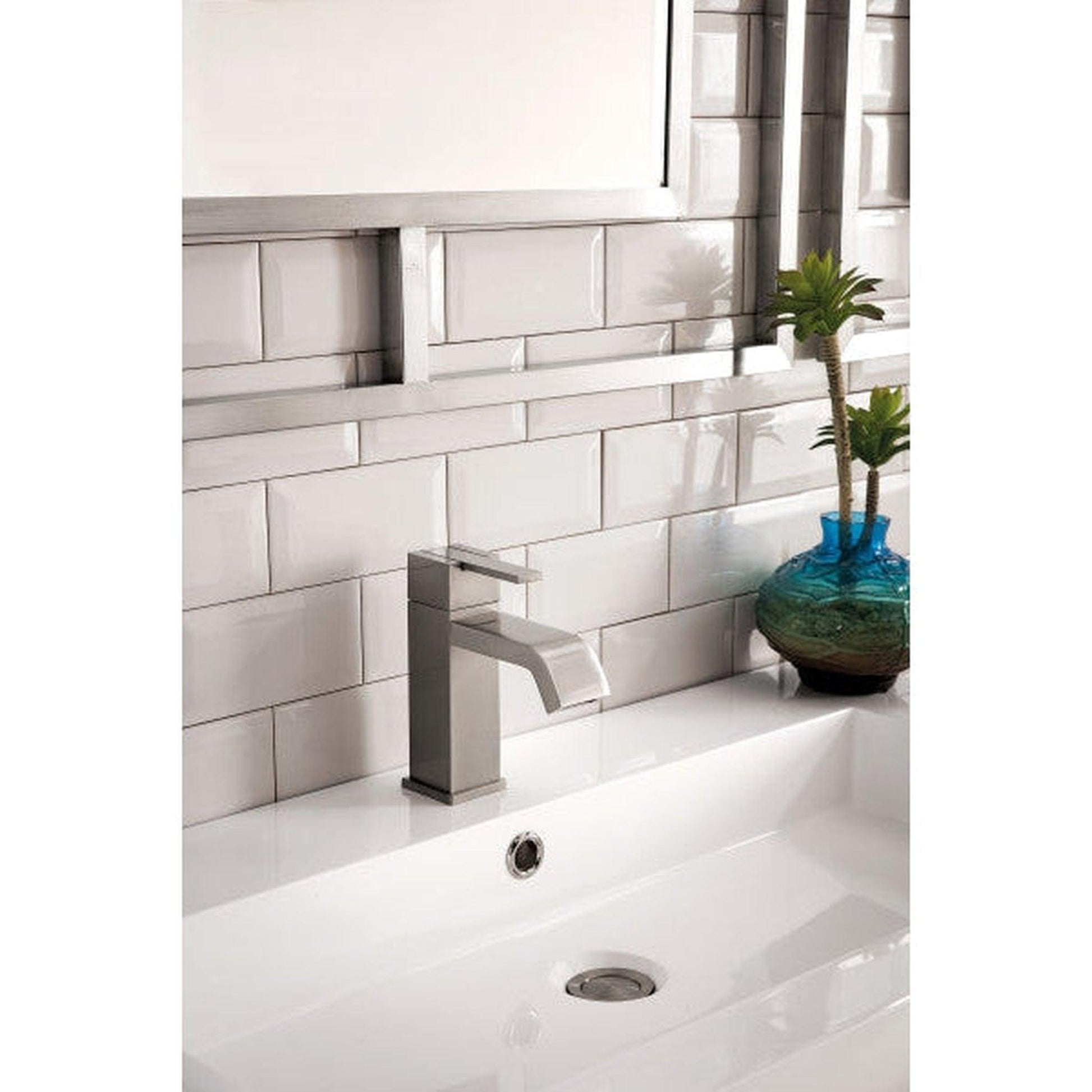James Martin Boston 63" Double Brushed Nickel Stainless Steel Console Sink With Glossy White Storage Cabinet and White Glossy Composite Countertop
