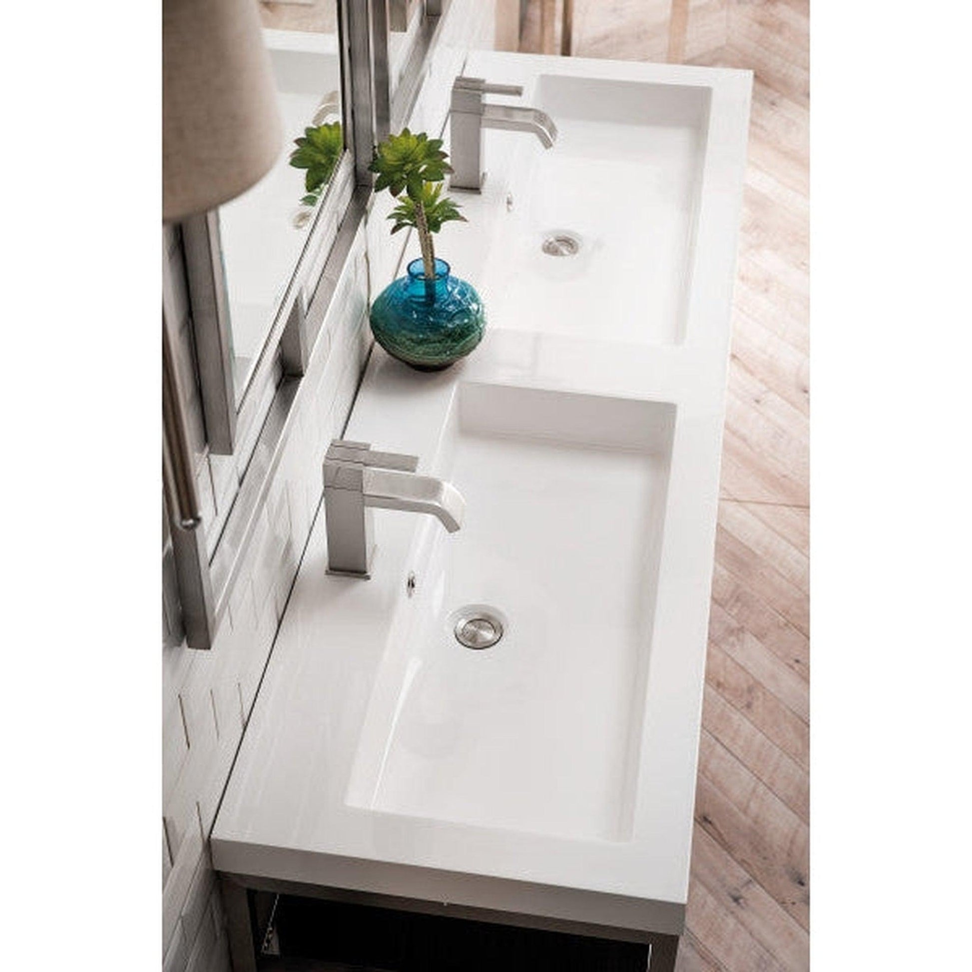 James Martin Boston 63" Double Brushed Nickel Stainless Steel Console Sink With Glossy White Storage Cabinet and White Glossy Composite Countertop