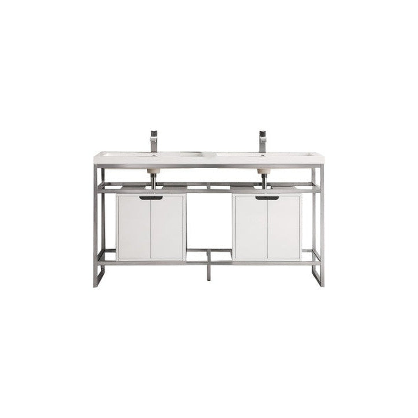 James Martin Boston 63" Double Brushed Nickel Stainless Steel Console Sink With Glossy White Storage Cabinet and White Glossy Composite Countertop