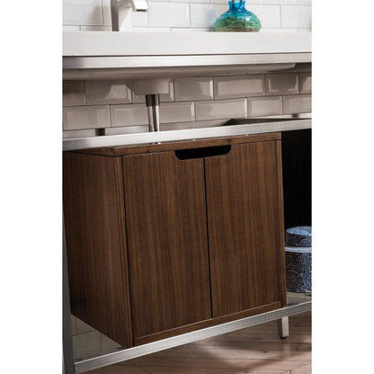James Martin Boston 63" Double Brushed Nickel Stainless Steel Console Sink With Mid Century Walnut Storage Cabinet and White Glossy Composite Countertop