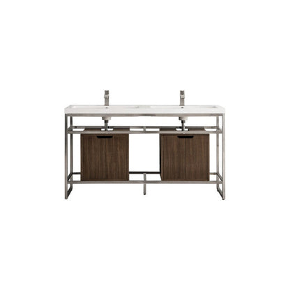 James Martin Boston 63" Double Brushed Nickel Stainless Steel Console Sink With Mid Century Walnut Storage Cabinet and White Glossy Composite Countertop