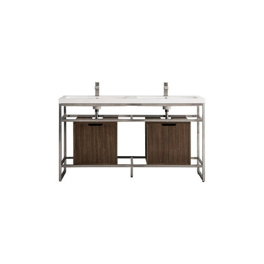 James Martin Boston 63" Double Brushed Nickel Stainless Steel Console Sink With Mid Century Walnut Storage Cabinet and White Glossy Composite Countertop