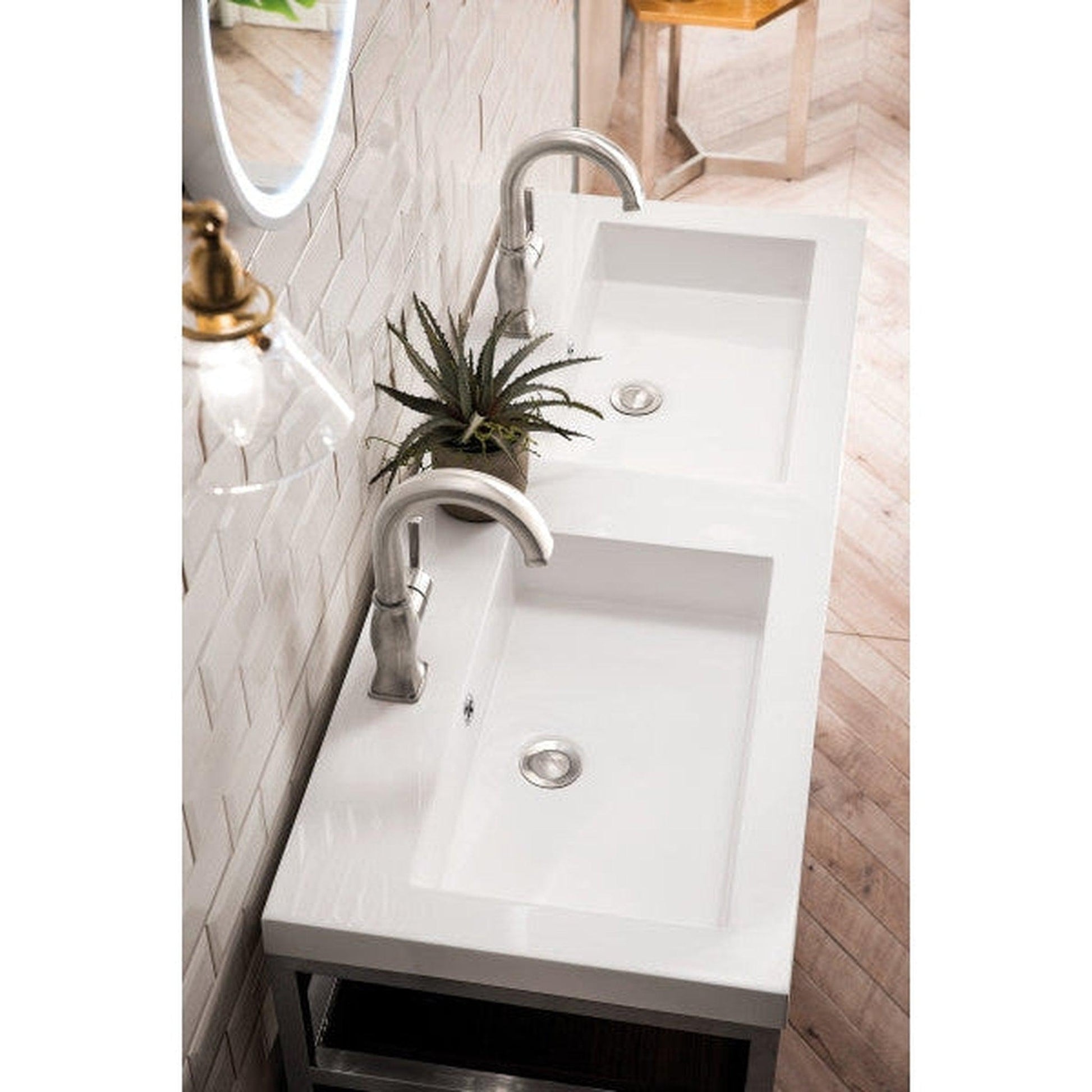 James Martin Boston 63" Double Brushed Nickel Stainless Steel Console Sink With White Glossy Composite Countertop